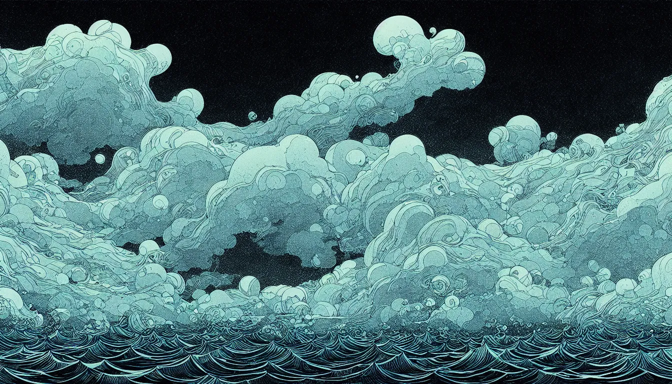 Image similar to storm at sea by nicolas delort, moebius, victo ngai, josan gonzalez, kilian eng