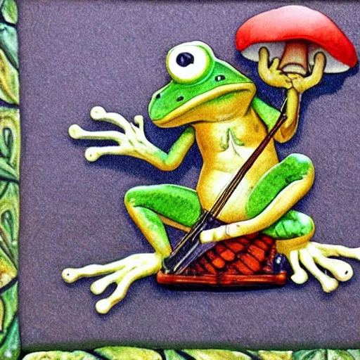 Image similar to humanoid frog sitting cross legged on a lilly pad playing a banjo and smoking a mushroom