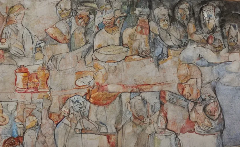 Image similar to last supper, drawn by a 5 year old detailed, sketh