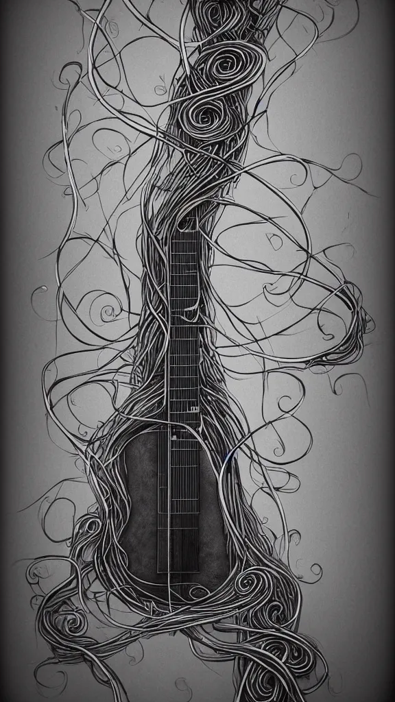 Prompt: a guitar with long thick vines wrapping around it, fantasy art, art station, grey background,