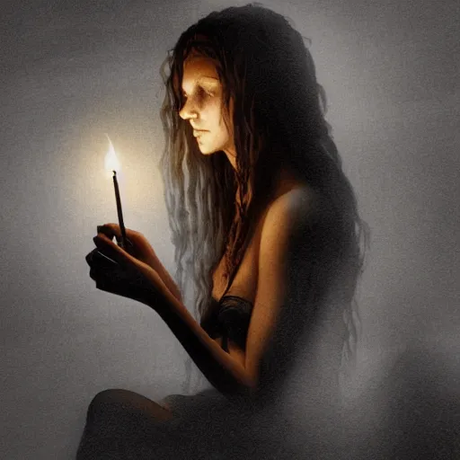 Image similar to masterpiece flemish candle light portrait of a beautiful! young woman, writing with a feather, by luis royo, artstation, deviant art, black background, candle light only, 8 k, octane render