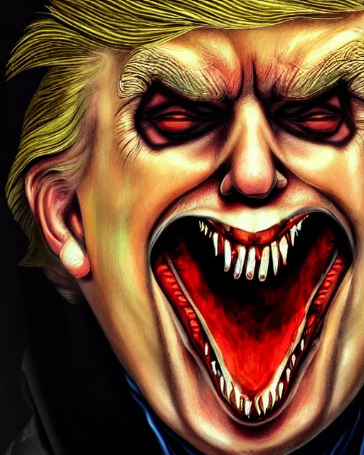 Image similar to donald trump dracula, fangs, character portrait, close up, concept art, intricate details, hyperrealism, in the style of otto dix and h. r giger