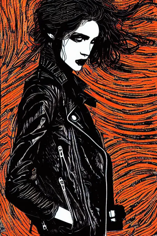 Image similar to dreamy rock girl, black leather jacket, detailed acrylic, grunge, intricate complexity, by dan mumford and by alberto giacometti, peter lindbergh