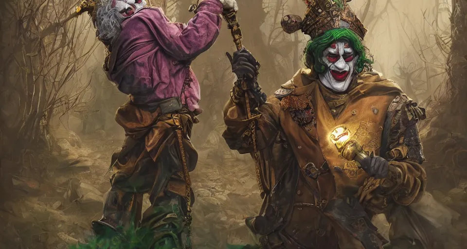 Image similar to robert de niro as medieval joker, crazy colorful clothing with a heavy golden mace in his left hand and a beer jug in his right hand, full body portrait with high detailled face, symmetrical face, intricate details, wandering through a forbidden forest, trending on artstation, 8 k hyperrealistic, style of peter mohrbacher, octane render, unreal engine