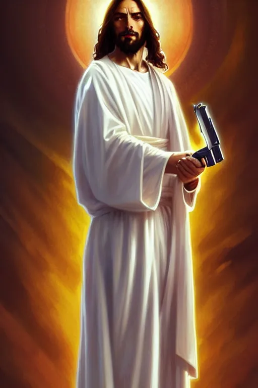 Image similar to jesus christ in a white robe and holding a handgun in an action pose, highly detailed, digital painting, artstation, concept art, smooth, sharp focus, illustration, cinematic lighting, art by artgerm and greg rutkowski and alphonse mucha