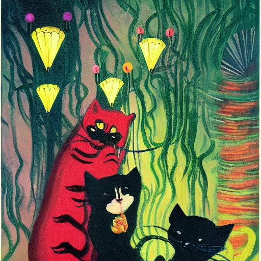 Prompt: detailed painting of cats and caterpillars at a carnival at night watching paper lanterns, in the style of eyvind earle and claude monet and vincent van gogh