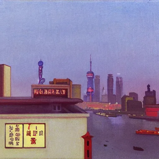 Image similar to a small rooftop with company of people sitting, shanghai bund is on the background, night, by edward hopper