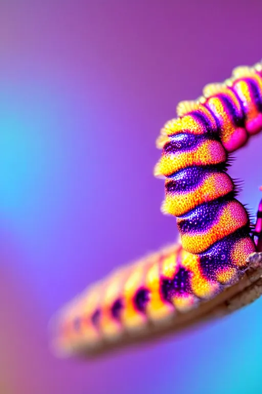 Image similar to high quality macro photo iridescent mutant caterpillar! cute highly detailed david ligare elson peter cinematic pink lighting high quality low angle hd 8k sharp shallow depth of field