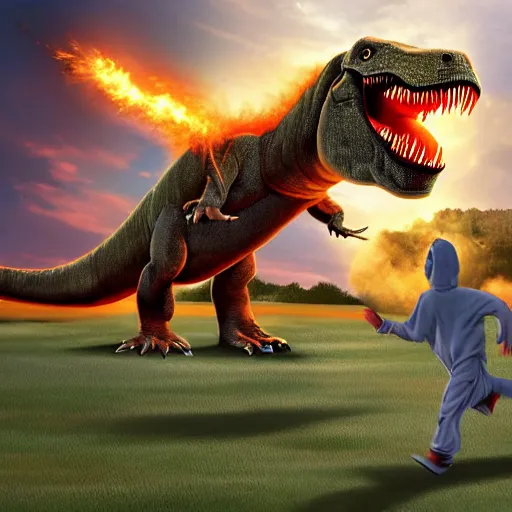 Prompt: huge dinosaur breathing fire being chased by an old man running in pajamas carrying a rolled up newspaper