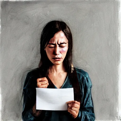 Image similar to portrait of a expressionless woman holding a note on her hand while she cries, realistic detailed painting