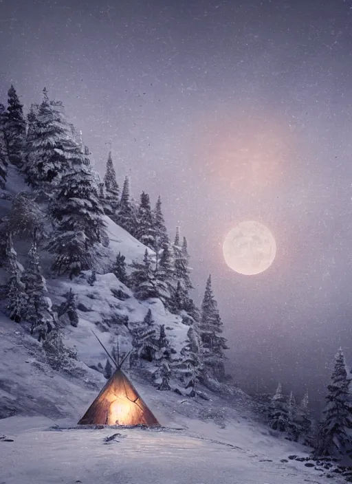 Image similar to an abandoned teepee on the top of a snowy mountain, waxing moon, greg rutkowski, 8 k, shallow depth of field, intricate detail, concept art,