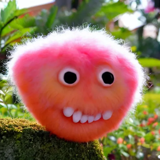 Prompt: an alien with a face that looks like a fuzzy peach the peach is fuzzy pink warm and ripe the alien has horns and a mean smile the alien has chicken feet cruel smile sitting on a table in a lush garden, 4k, highly detailed, high quality, amazing, high particle effects, glowing, majestic, soft lighting, flat background