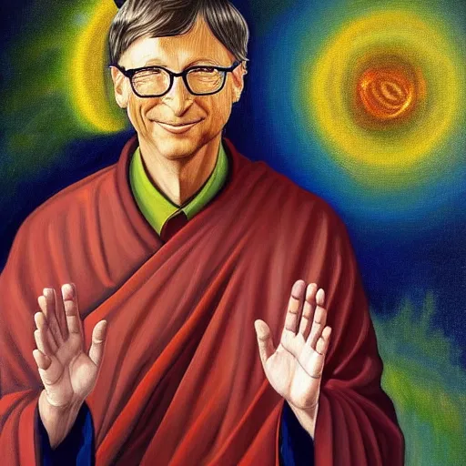 Image similar to this is a painting with the theme bill gates inner peace on the artstation trending page of year 2 2 2 2