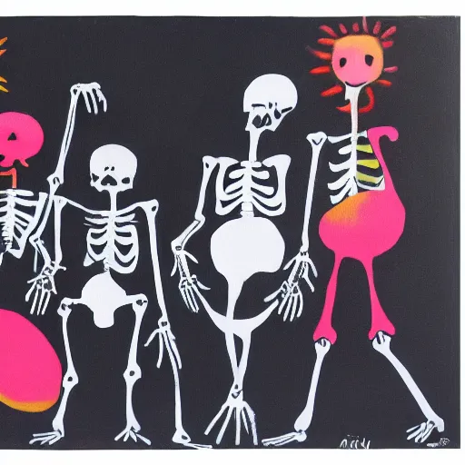 Image similar to an acryllic painting of skeleton dancing in the night under the stars, various strange guests, on a dark background, muted palette mostly white, black, gray, dark red, dark blue, some pink, minimalistic, in the styles of joan miro, banksy, and mark rothko