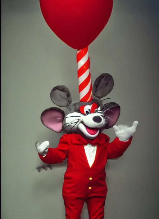 Image similar to Chuck E. Cheese mascot grainy 1990’s circus portrait of an anthropomorphic rat animatronic dressed like a clown, professional portrait HD, camera flash, mouse, Chuck E. Cheese head, authentic, mouse, costume weird creepy, off putting, nightmare fuel, Chuck E. Cheese