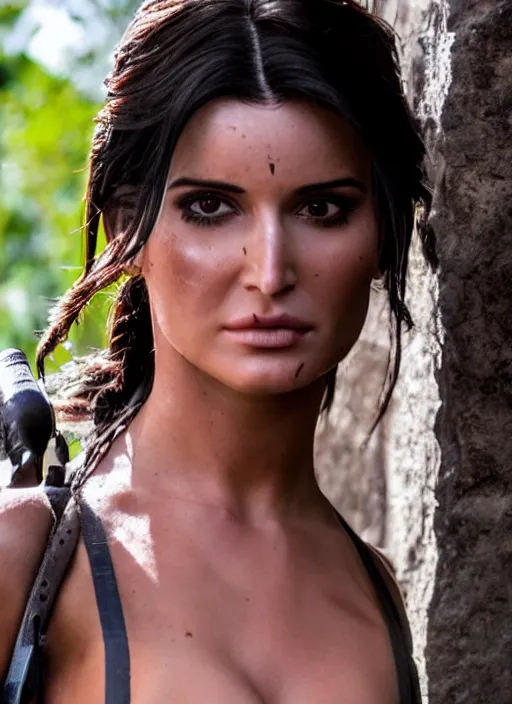 Image similar to a film still kyle jenner as lara croft as cowgirl, her face flushing and sweat, direct sun light, close up potrait, cinematic,