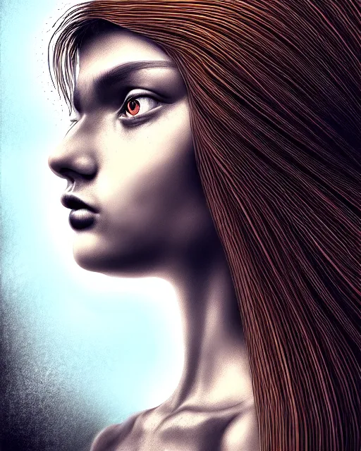 Image similar to hair monster, portrait, highly detailed, deep focus, gritty, digital painting, smooth, sharp focus, illustration, ultra realistic, 8 k