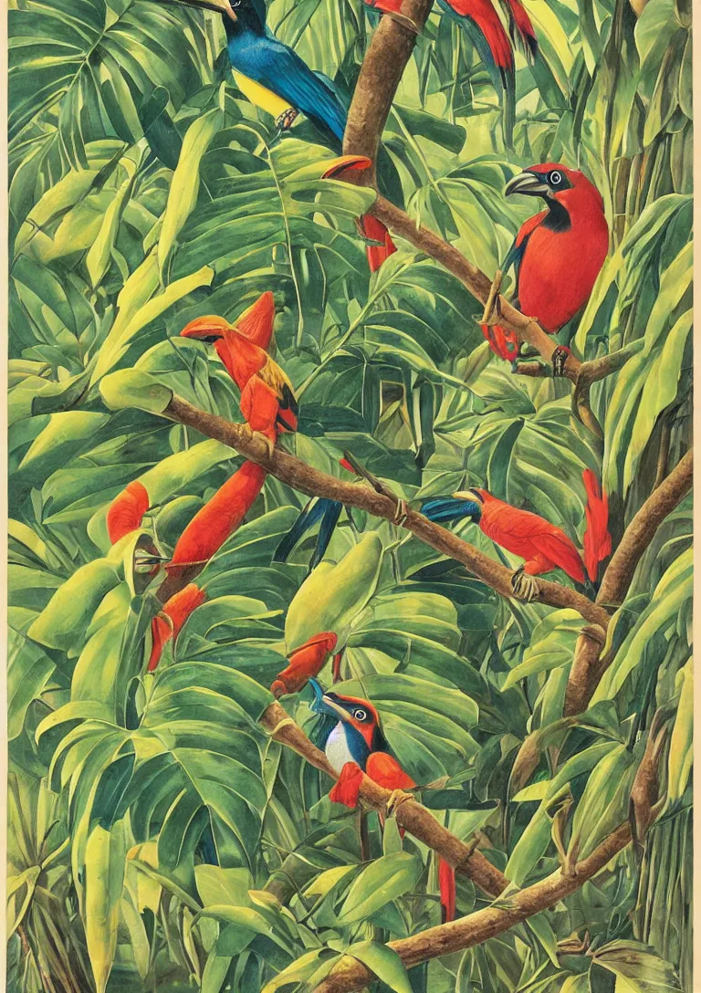 Image similar to 1930s travel poster painting, costa rica rainforest, illustrating plant and animal diversity, with colourful birds, motmot, trogon, toucan, sloth, ctenosaur, bromeliads, syngonium, philodendron