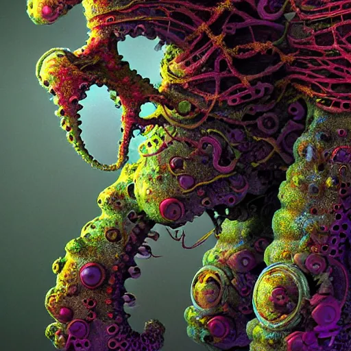 Prompt: highly evolved biomechanical nubile phyrexian dreadnought pregnant borg queen hybrid dotted with lichens and fungal growth being possessed by the machine spirit, artists tram pararam and doctor seuss with beryl cook and jack kirby, high contrast cinematic light, mystical shadows, sharp focus, octane render