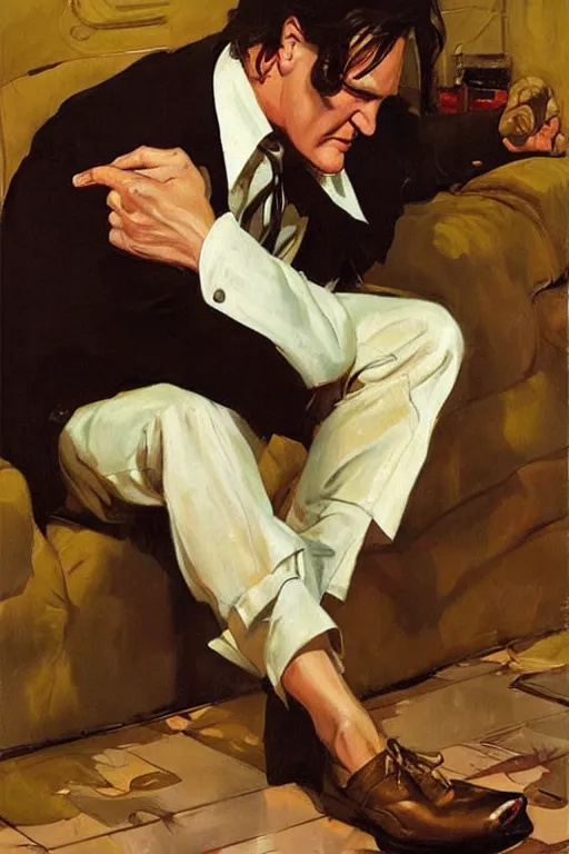 Image similar to quentin tarantino caressing feet, painting by jc leyendecker!! phil hale!, angular, brush strokes, painterly, vintage, crisp