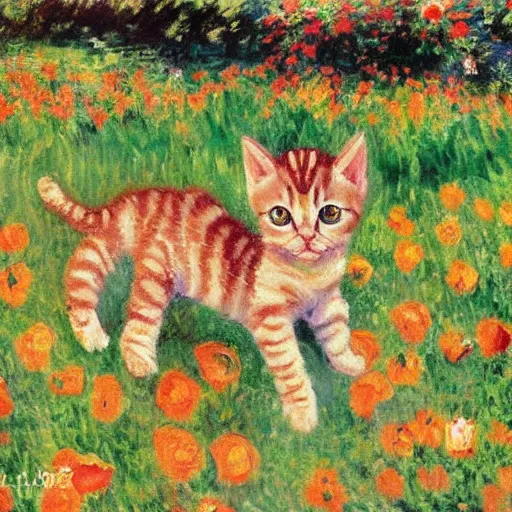 Prompt: snake shaped tabby kitten playing at poppy field, monet painting, impressionist painting, caillebotte painting, manet painting, landscape s - 1 0 0