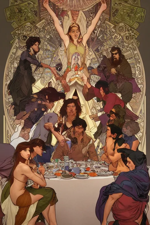 Image similar to the last supper, by artgerm and moebius and alphonse mucha, hyperdetailed, dc comics, explosions in the sky, trending on artstation