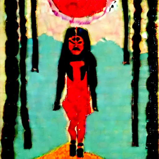 Image similar to a girl, north western indigenous art styles of belerose, desjarlais, robbie craig. girl running through a forest of totem poles, gray black white and red noir,