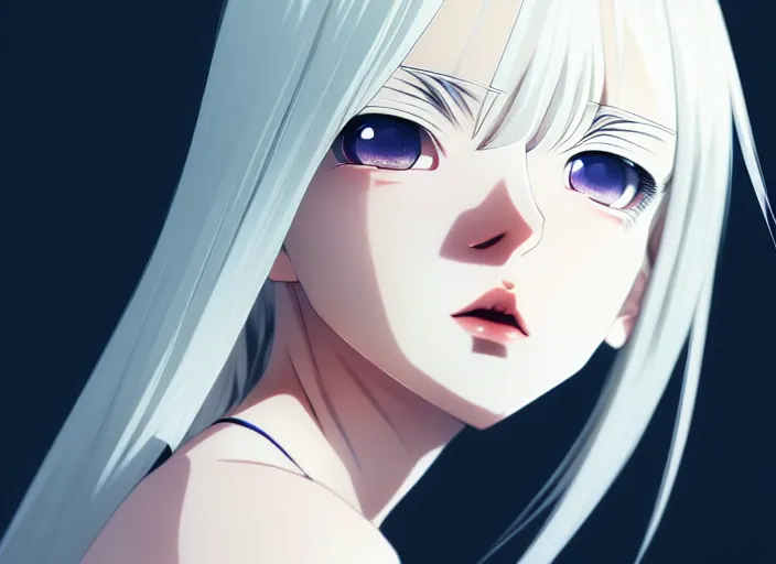 Image similar to anime visual, portrait of a white haired red eyed young girl in dark room, by ilya kuvshinov, yoshinari yoh, makoto shinkai, katsura masakazu, dynamic perspective pose, detailed facial features, kyoani, rounded eyes, crisp and sharp, cel shad, anime poster, ambient light