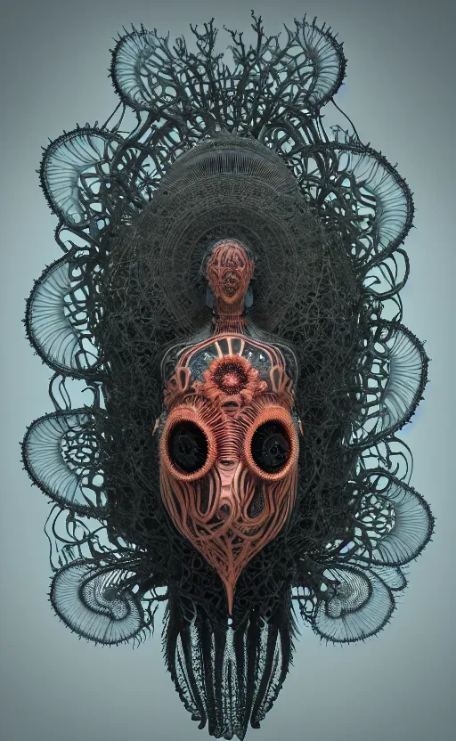 Image similar to gothic goddess intricate mask, eagle coral, jelly fish, mandelbulb 3 d, fractal flame, octane render, cyborg, biomechanical, futuristic, by ernst haeckel