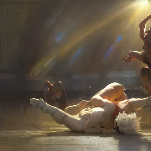 Image similar to bald wrestler breaking blonde wrestler's back, radiant light, caustics, heroic, bright iridescent light, by gaston bussiere, bayard wu, greg rutkowski, maxim verehin, epic wrestling combat, legendary