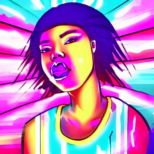 Prompt: beautiful blasian woman raps into microphone, hip hop vaporwave, abstract background, neon, beautiful eyes, full lips, highest quality, professional artist, Zeronis, detailed, 4k