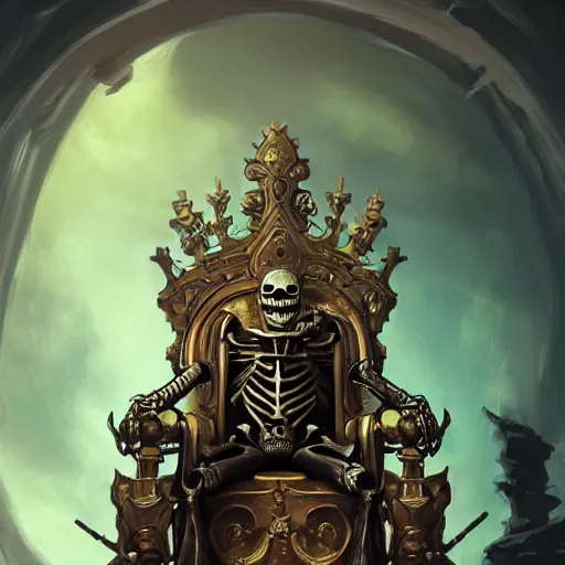 Image similar to high fantasy skeleton king android sitting on a ornate throne in an ornate palace by Stanley Artgerm Lau, frank frazetta, Rossdraws, James Jean, gerald brom, Andrei Riabovitchev, Marc Simonetti, and Sakimichan, trending on artstation, SFW version