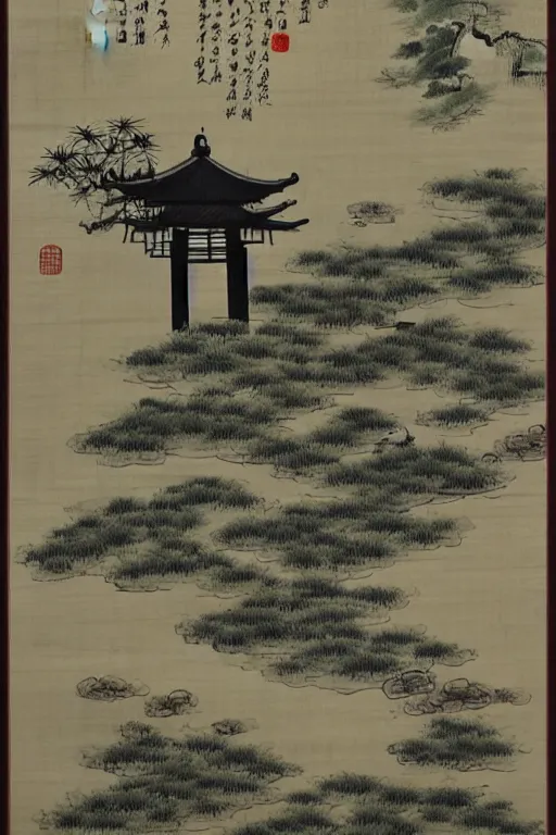 Prompt: a two - floor traditional chinese wood structure tower in a serene landscape, waterlily pond, chinese ink painting