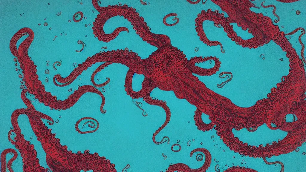 Image similar to ocean, muddywater, octopus silhouette at depth, black, bird eye view, aerial view, fear, tentacles, splashes, drops, fog, mesmerizing, black sea, glare on the water, reflection of the red sky on the water, art by Jones Peter Andrew,