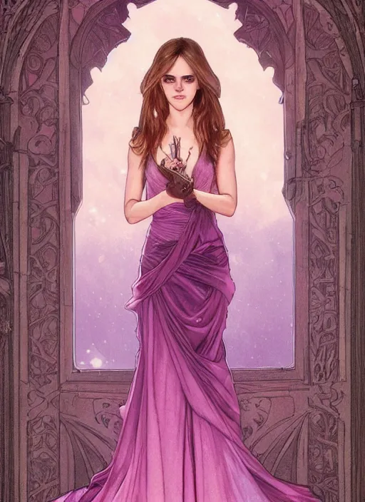 Image similar to emma watson at hogwarts!! at the yule ball wearing elegant pink and purple dress. beautiful detailed face. by artgerm and greg rutkowski and alphonse mucha