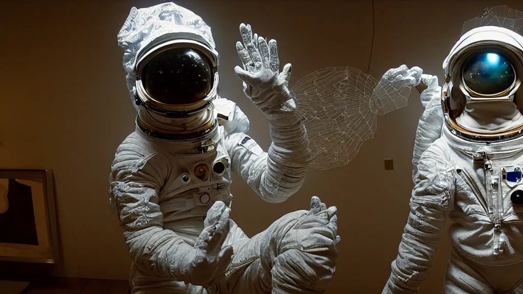 Image similar to a astronaut eva suit covered in diamond 3d fractal lace iridescent bubble 3d skin and covered with insectoid compound eye camera lenses floats through the living room, film still from the movie directed by Denis Villeneuve with art direction by Salvador Dalí, wide lens,