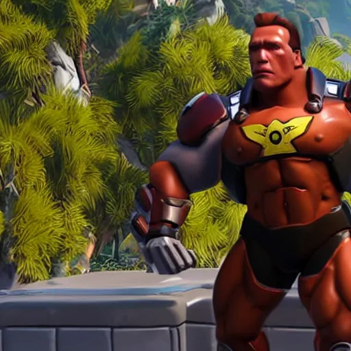 Prompt: a screenshot of arnold schwarzenegger as hammond in overwatch