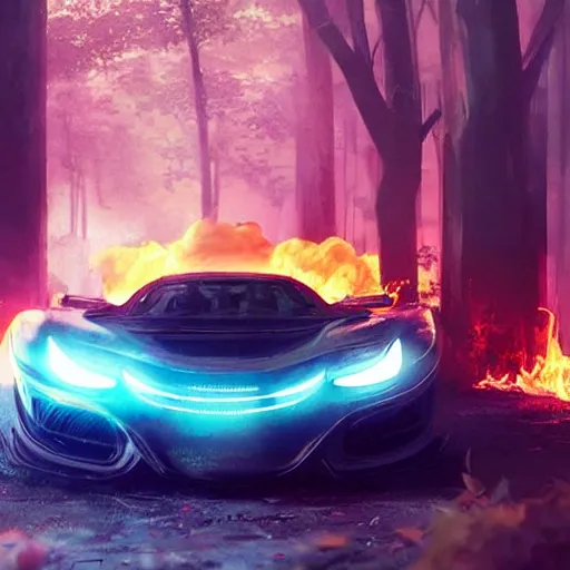 Image similar to cyberpunk car on fire in the middle of the woods stylized artgerm artstation hd cgsociety cgi realistic dramatic cinematic artistic trending detailed