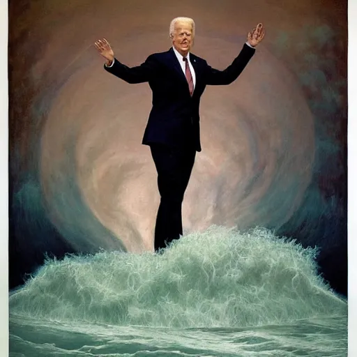 Image similar to terrifying, surreal portrait of joe biden standing up to his shoulders in turbulent, shadowy water by j. c. leyendecker, bosch, william blake, stephen gammell, jon mcnaughton, and beksinski