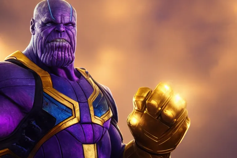 Prompt: Thanos wearing blue and gold armor grimacing while raising his clenched fist in the air beside him, trending on Artstation, highly detailed, hyper realistic, vibrant colors, HD wallpaper, 4k, photorealistic, digital art