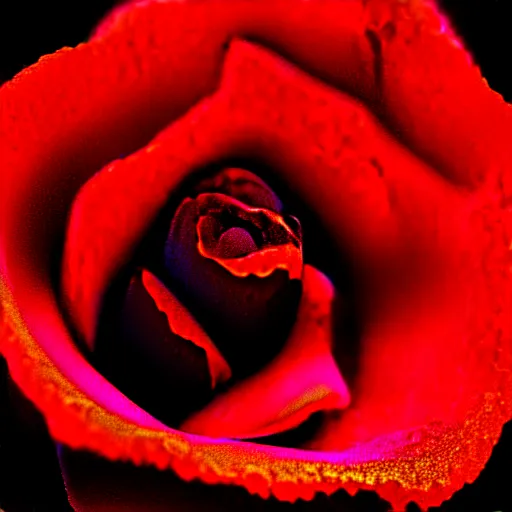 Image similar to award - winning macro of a beautiful black rose made of glowing molten magma