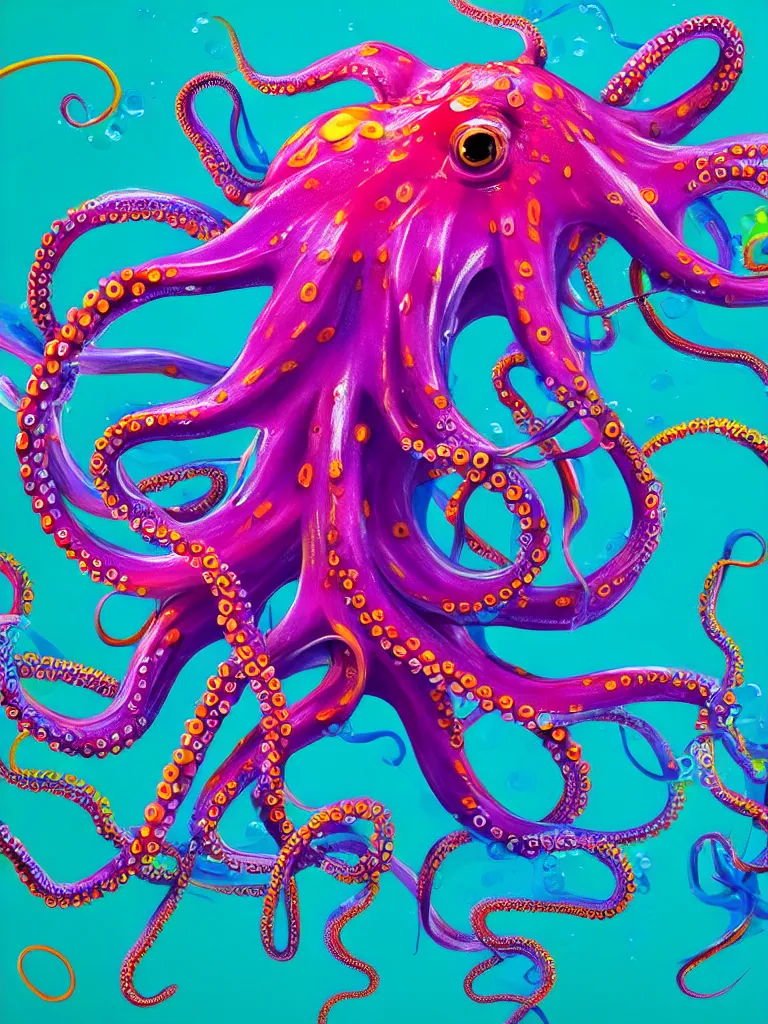 Prompt: colorful liquid octopus tentacles, hyper detailed painting, particles, bubbles, stong outline