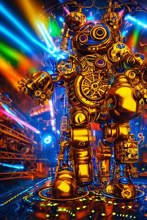 Image similar to portrait photo of a giant huge golden and blue metal futuristic steampunk robot covered with multicolored big guitars and gears and tubes, eyes are glowing red lightbulbs, shiny crisp finish, 3 d render, 8 k, insaneley detailed, fluorescent colors, background is multicolored lasershow