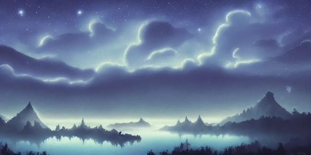 Image similar to a beautiful matte painting of a magic lake by night with fog mountains in the background and the milkyway in the sky by studio ghibli and hayao miyazaki and kazuo oga, manga, trending on artstation