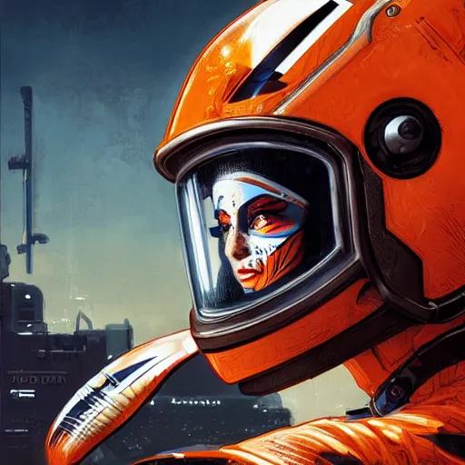 Image similar to a portrait of a monster, in an orange racing helmet by sandra chevrier, detailed render, epic composition, cybernetics, 4 k realistic, cryengine, realistic shaded lighting, sharp focus, masterpiece, by matteo scalera, gary montalbano, peter elson in the style of the tokyo ghost comic