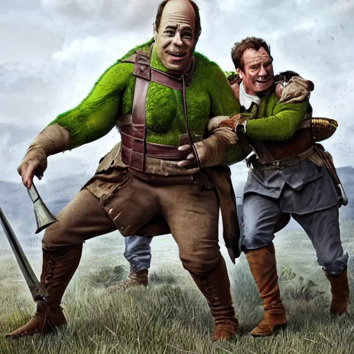 Image similar to jerry seinfeld and bryan cranston in the civil war dressed up like shrek on the battlefield, old timey combat photography combat art by stuart brown 8 k hyperrealism