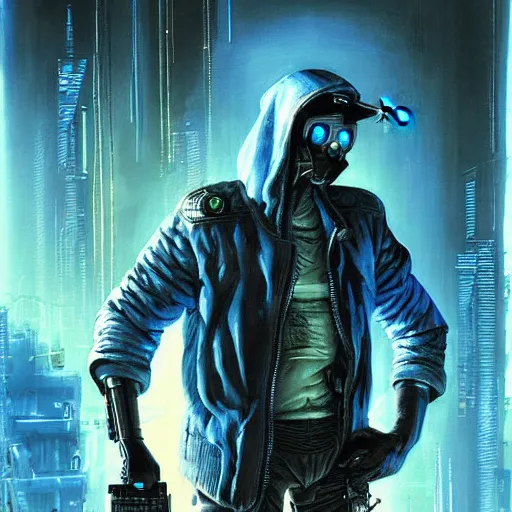 Prompt: cyberpunk hunter, atmospheric lighting, painted, intricate, blue and grey hour, ultra detailed by simon bisley