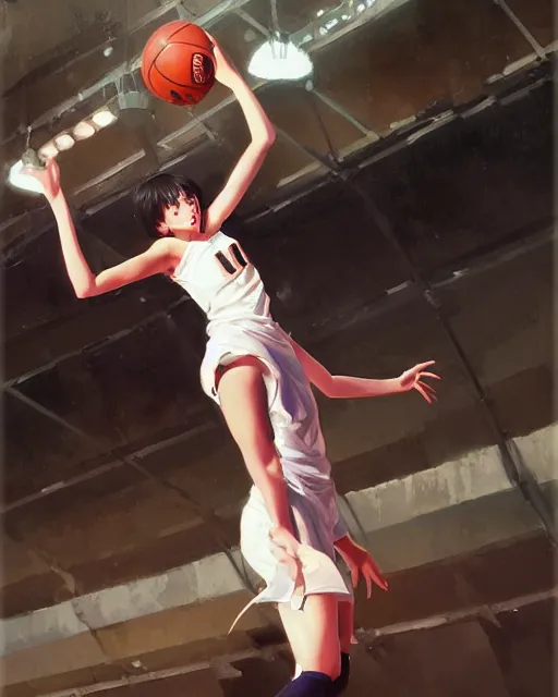 Image similar to A ultradetailed beautiful panting of a stylish girl dunking a basketball, Oil painting, by Ilya Kuvshinov, Greg Rutkowski and Makoto Shinkai