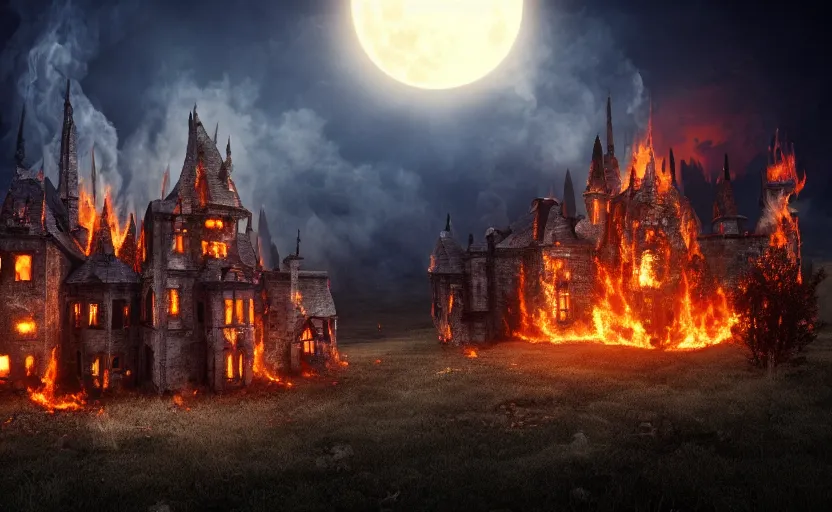 a picture of burning!!! gothic! castle in smoke on a | Stable 