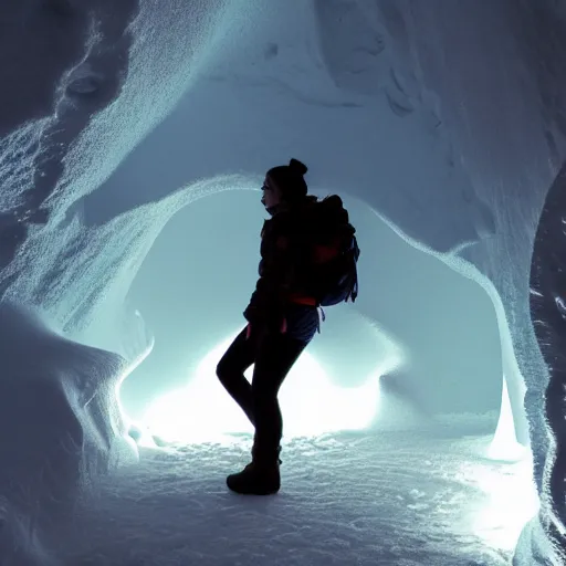 Image similar to ice cave. dramatic orange lighting. photo realistic. lone sihouette of a woman explorer.